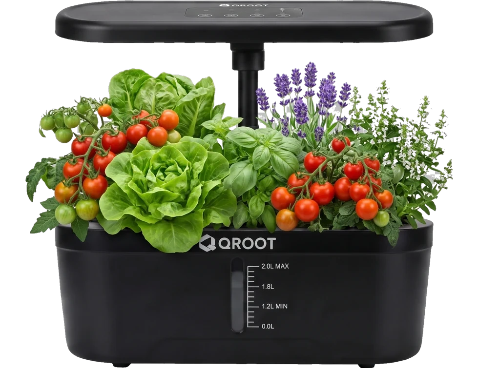 A fully grown QROOT garden brimming with basil, lettuce and cherry tomatoes