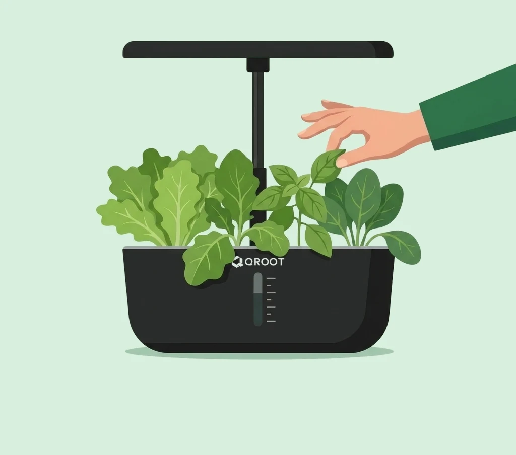 Illustration of a QROOT indoor garden full of leafy greens, with a hand picking a basil leaf