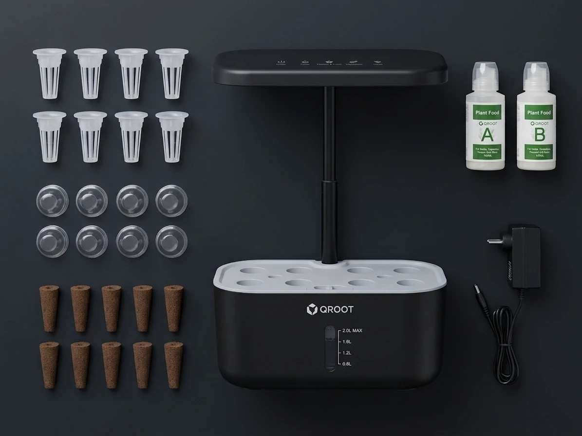 Everything included with the QROOT Core: the garden, 8-pod deck, reusable baskets, cocopeat sponges, grow domes, Plant Food A & B and a BIS-certified adapter
