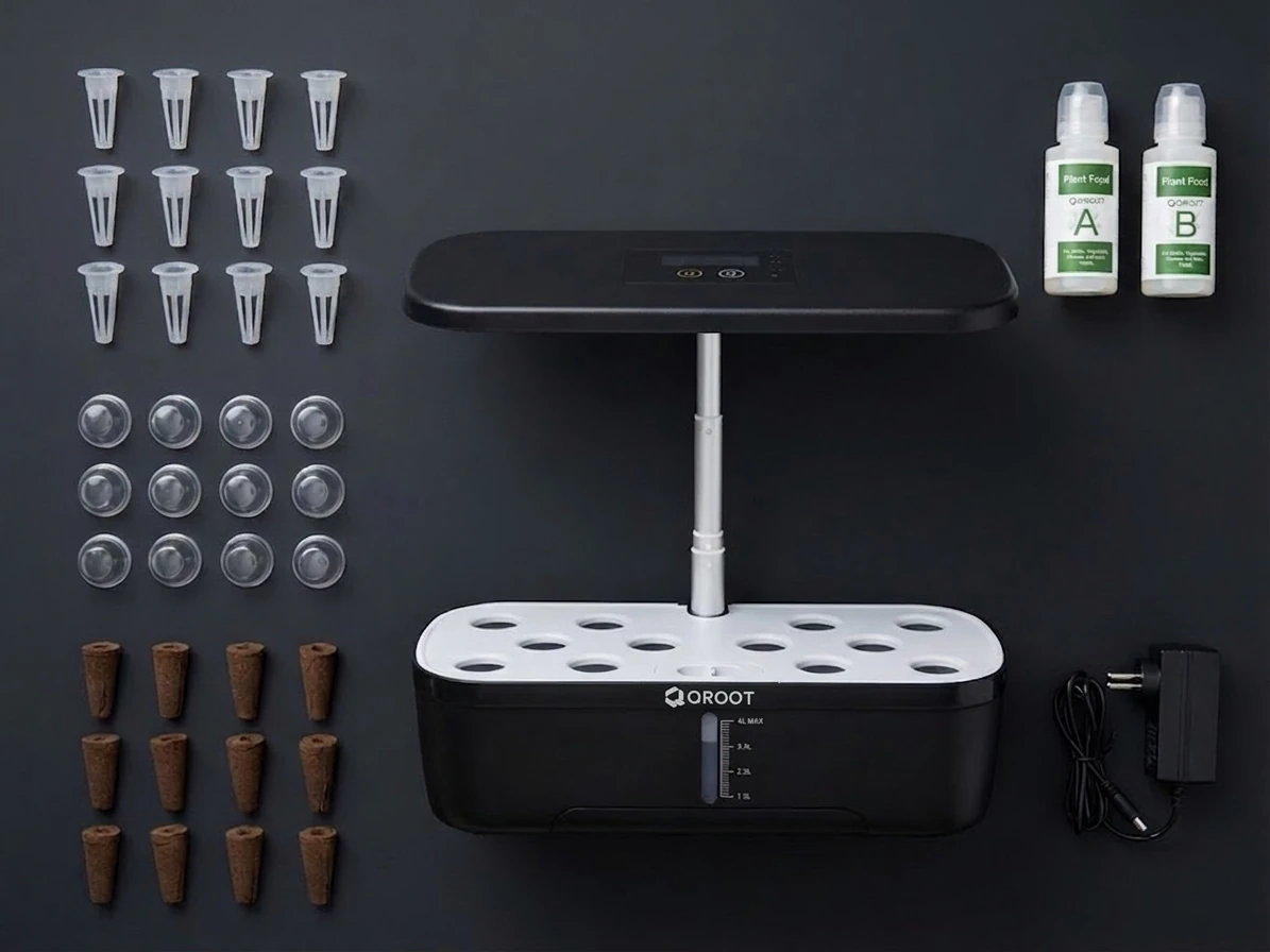 Everything included with the QROOT Plus: the garden, 12-pod deck, reusable baskets, cocopeat sponges, grow domes, Plant Food A & B and a BIS-certified adapter