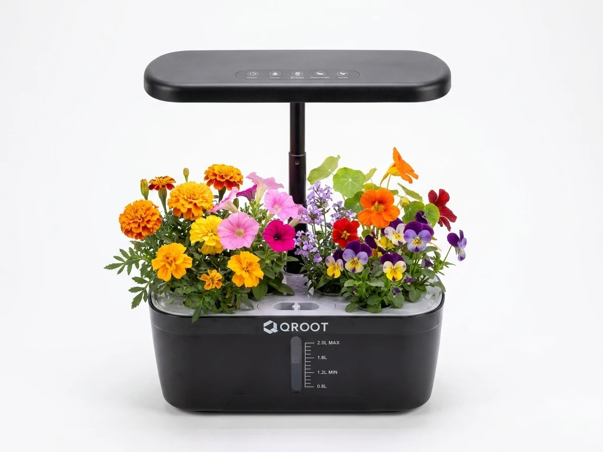 QROOT Core garden overflowing with colourful flowers