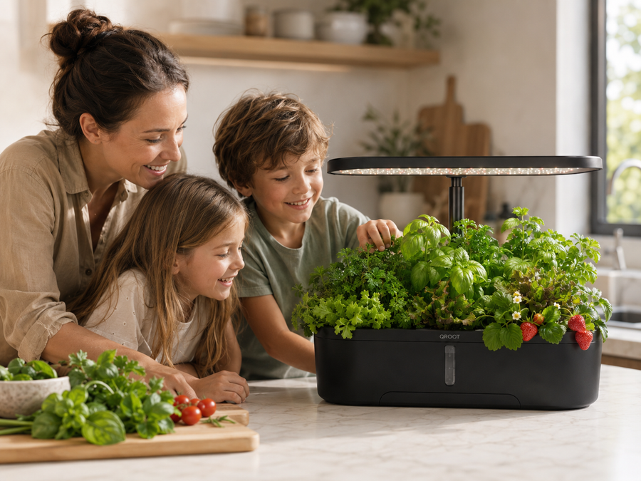 Family tending their indoor herb garden with QROOT