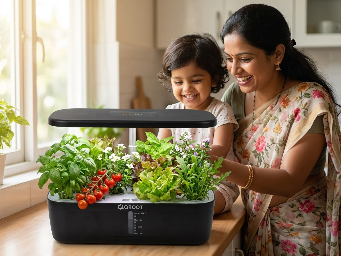 Family tending their indoor herb garden with QROOT