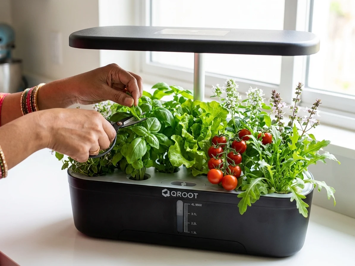 Harvesting fresh greens from a countertop hydroponic garden