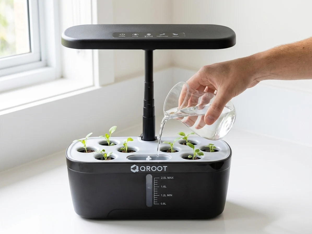 Pouring water into an indoor hydroponic garden