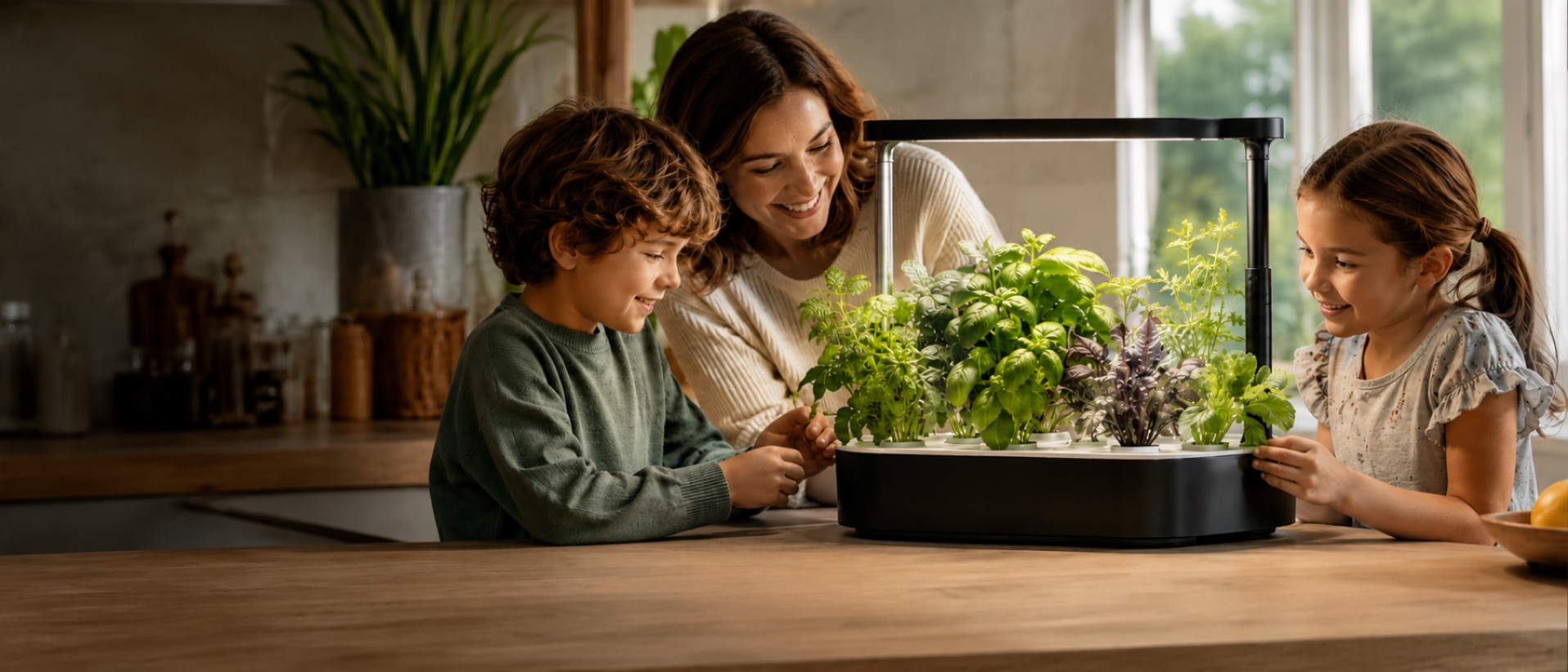 QROOT indoor hydroponic garden growing fresh herbs on a kitchen countertop