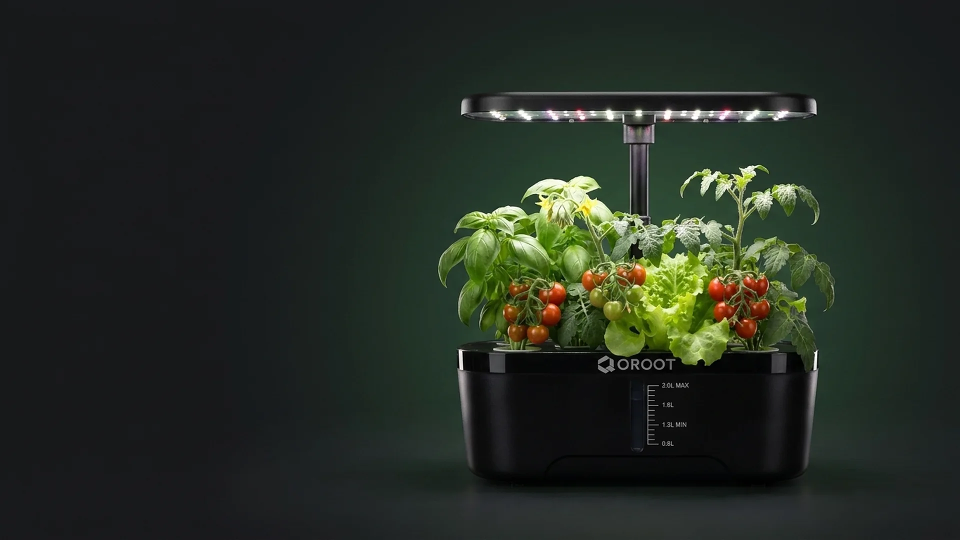 QROOT hydroponic garden with its grow light lit, full of fresh herbs