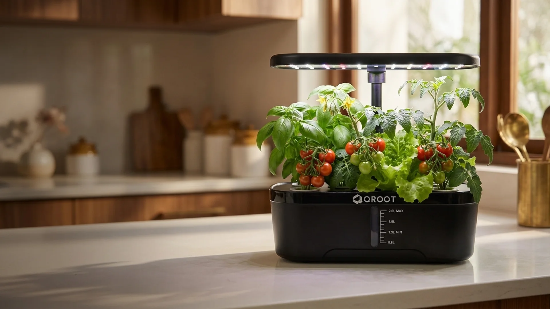 QROOT hydroponic garden full of herbs on a bright modern kitchen counter