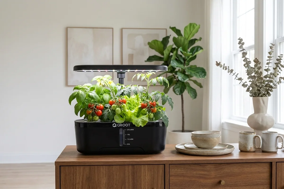 QROOT garden on a sideboard in a bright, airy dining room