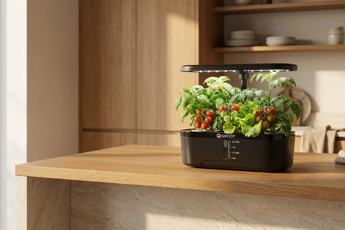 QROOT garden styled as a centerpiece on a warm wood kitchen island