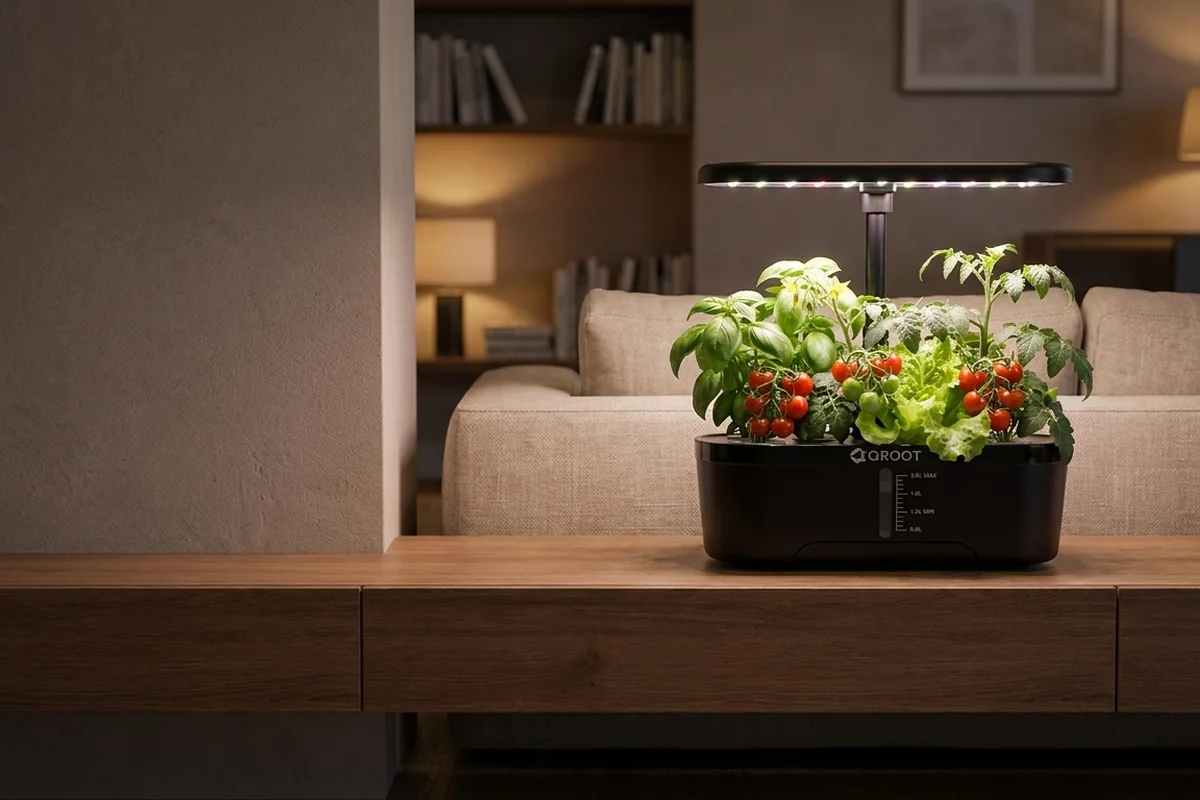 QROOT garden glowing softly on a console in a cozy modern living room