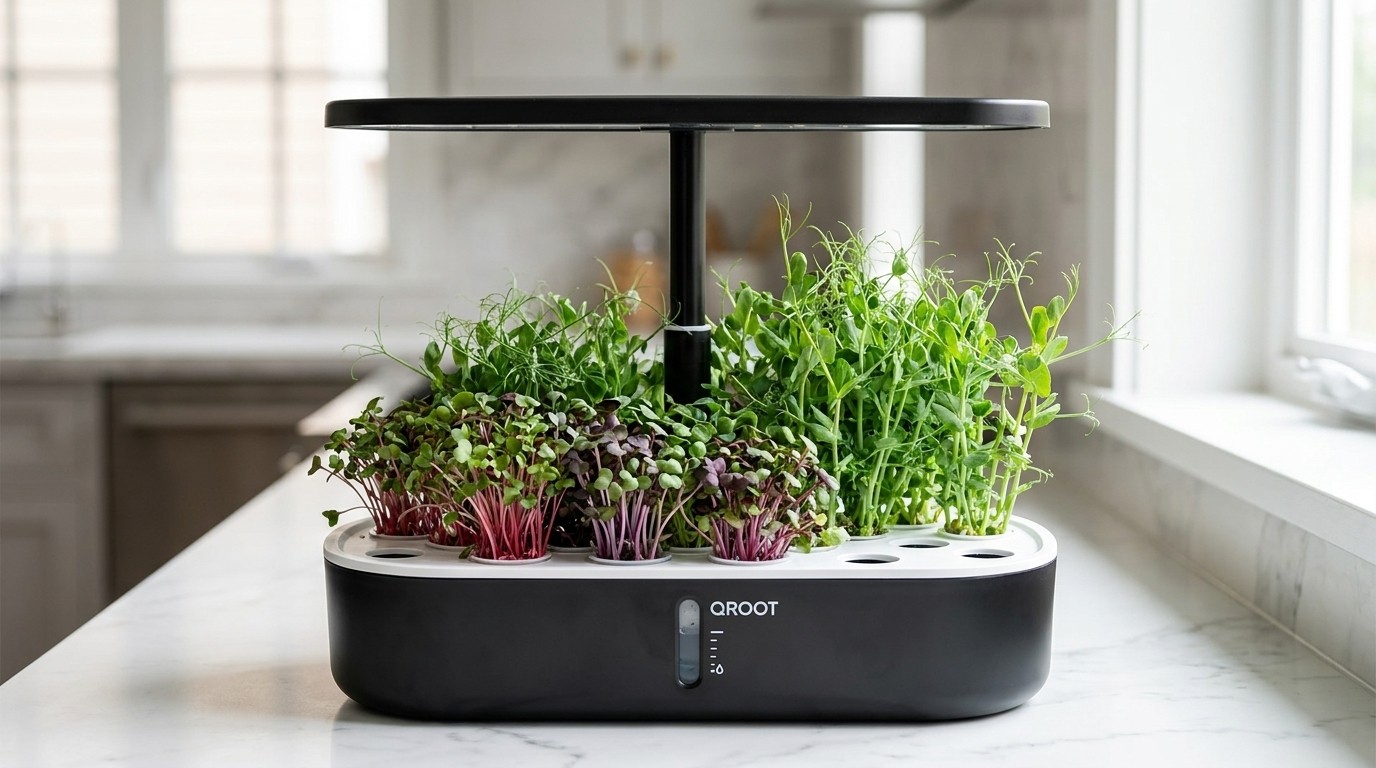 QROOT indoor hydroponic garden growing fresh microgreens on a kitchen counter