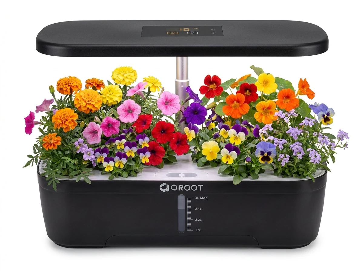 QROOT Plus garden overflowing with colourful flowers