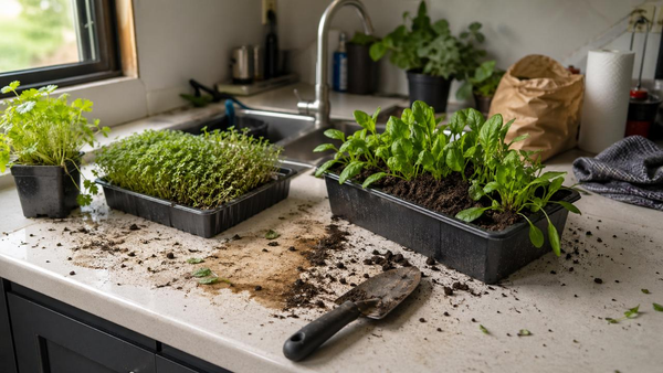 Messy soil and pots in an indoor space