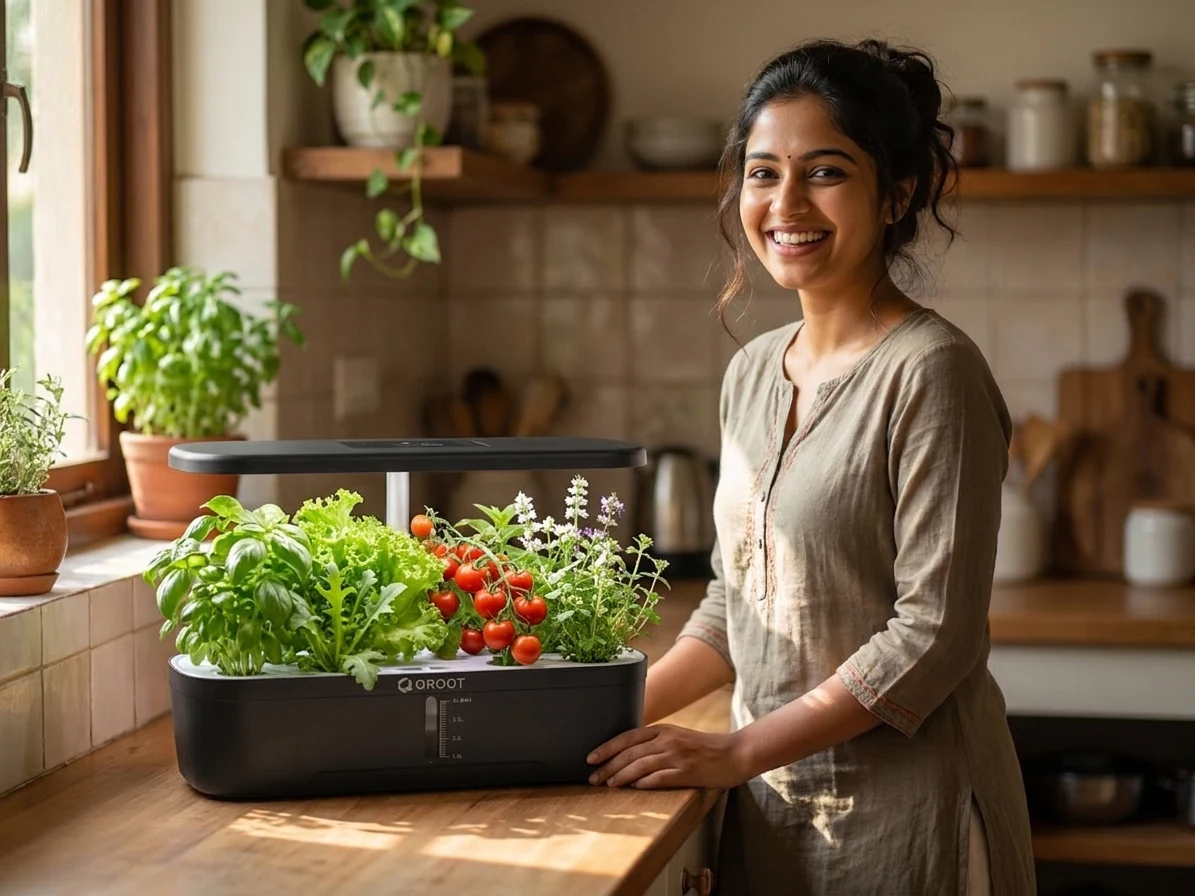 QROOT hydroponic garden in use